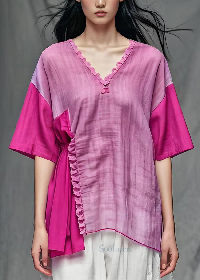 Women Purple V Neck Ruffled Patchwork Cotton Tops Summer