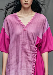 Women Purple V Neck Ruffled Patchwork Cotton Tops Summer