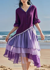 Women Purple V Neck Tulle Asymmetrical Patchwork Cotton Dresses Summer