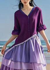 Women Purple V Neck Tulle Asymmetrical Patchwork Cotton Dresses Summer