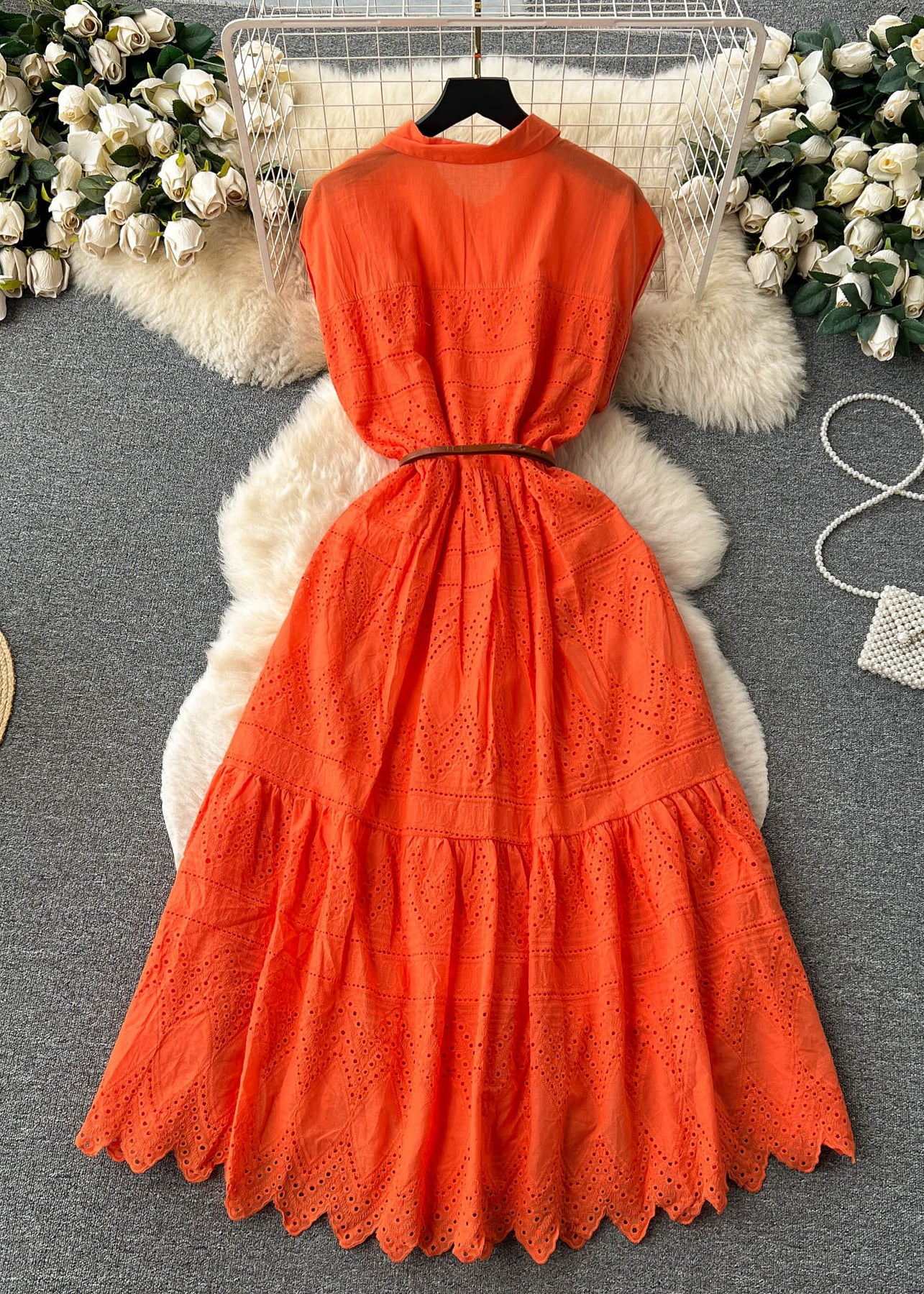 Classy Orange Peter Pan Collar Button Hollow Out Cotton Shirt Dresses Grace