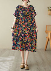 Unique Blue O-Neck Print Maxi Dresses Short Sleeve