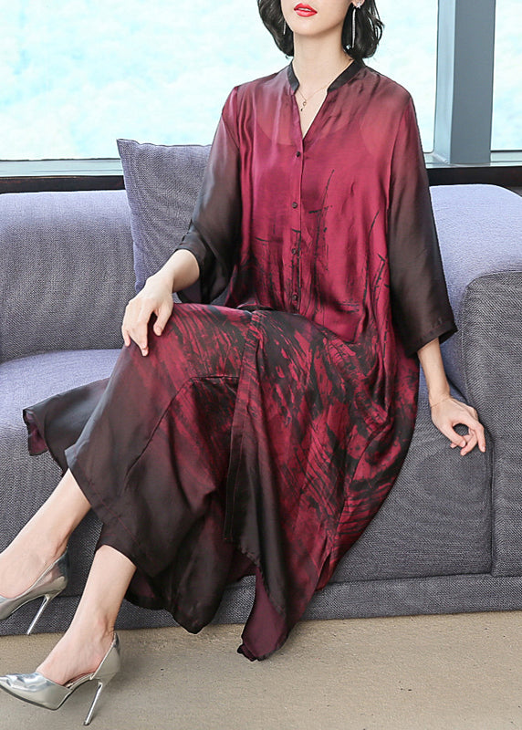 Elegant Red V Neck Print Silk Long Shirt Dress And Pants Two Pieces Set Summer