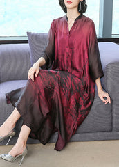 Elegant Red V Neck Print Silk Long Shirt Dress And Pants Two Pieces Set Summer