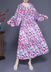 Art Purple Oversized Backless Print Chiffon Ankle Dress Lantern Sleeve