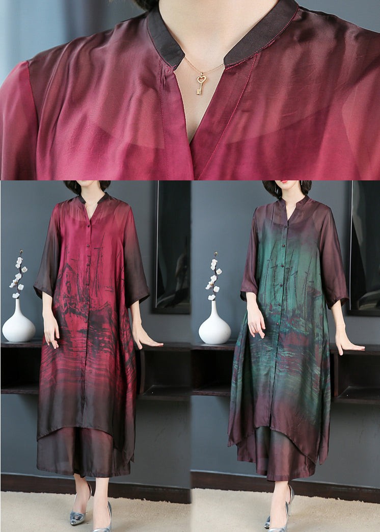 Elegant Red V Neck Print Silk Long Shirt Dress And Pants Two Pieces Set Summer