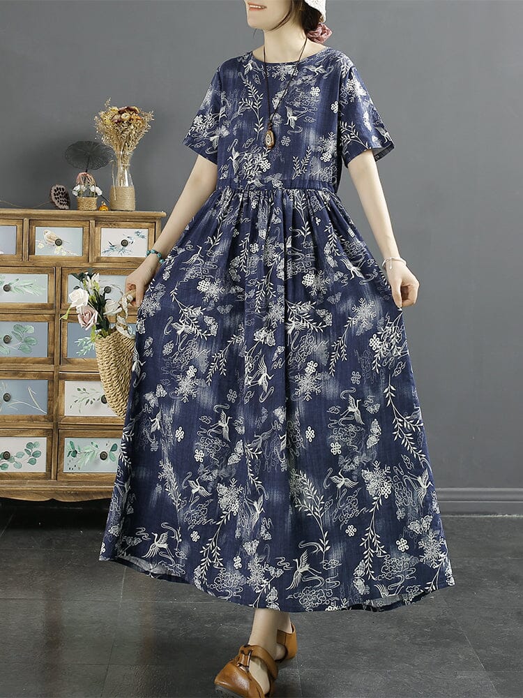 Summer Retro Floral Cotton Linen Dress