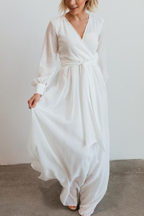 Button Puff Sleeve Belted Maxi Dress