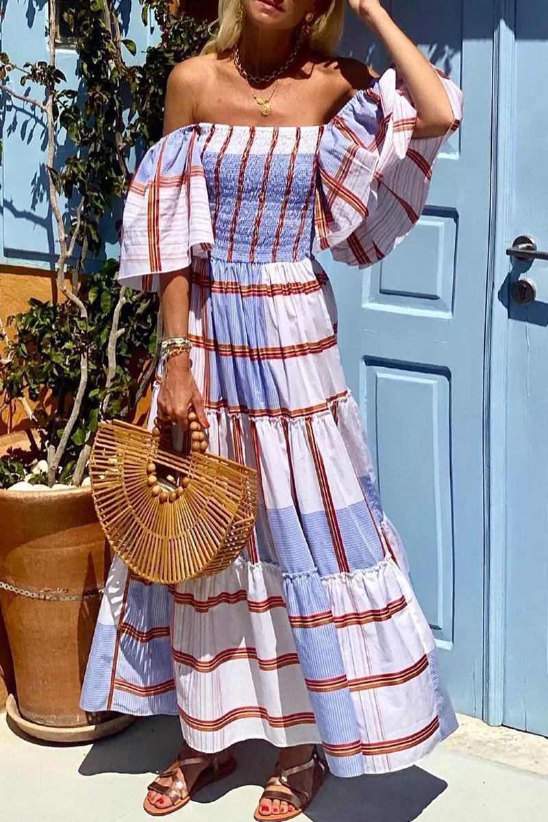 Fashion Print Patchwork Off the Shoulder Cake  Dresses(3 Colors)