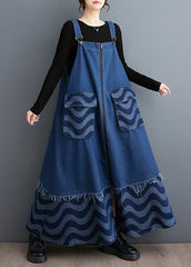 Stylish Blue Zip Up Patchwork Denim Strap Dresses Spring