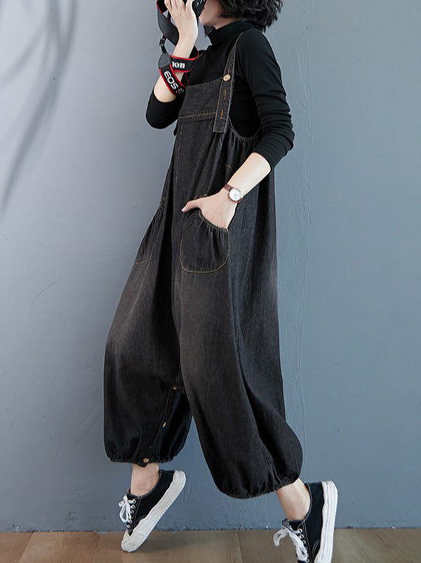 Simple Denim Buttoned Overalls&Dress