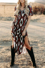 Western Printed Short Sleeve Slit Dress