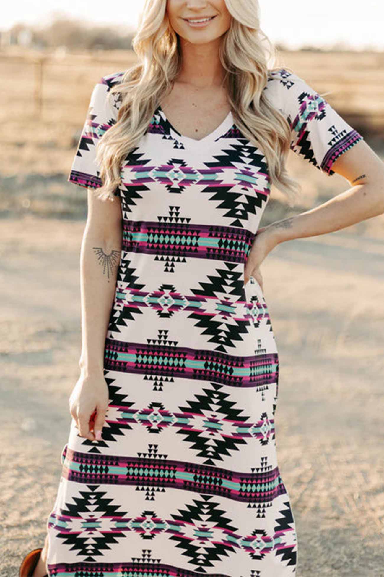 Western Printed Short Sleeve Slit Dress