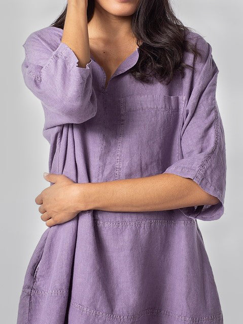 Fashion V-Neck Loose Pocket Mid-Sleeve Mid-Sleeve Cotton Linen Dress