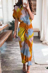 Multicolored Print Pleated Button Dress