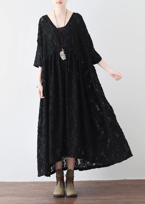 Summer Italian Black Chiffon Round Neck Holiday Dress
