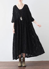 Summer Italian Black Chiffon Round Neck Holiday Dress