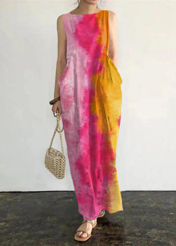 Grace Red tie dye Print Pockets Long Dresses Sleeveless