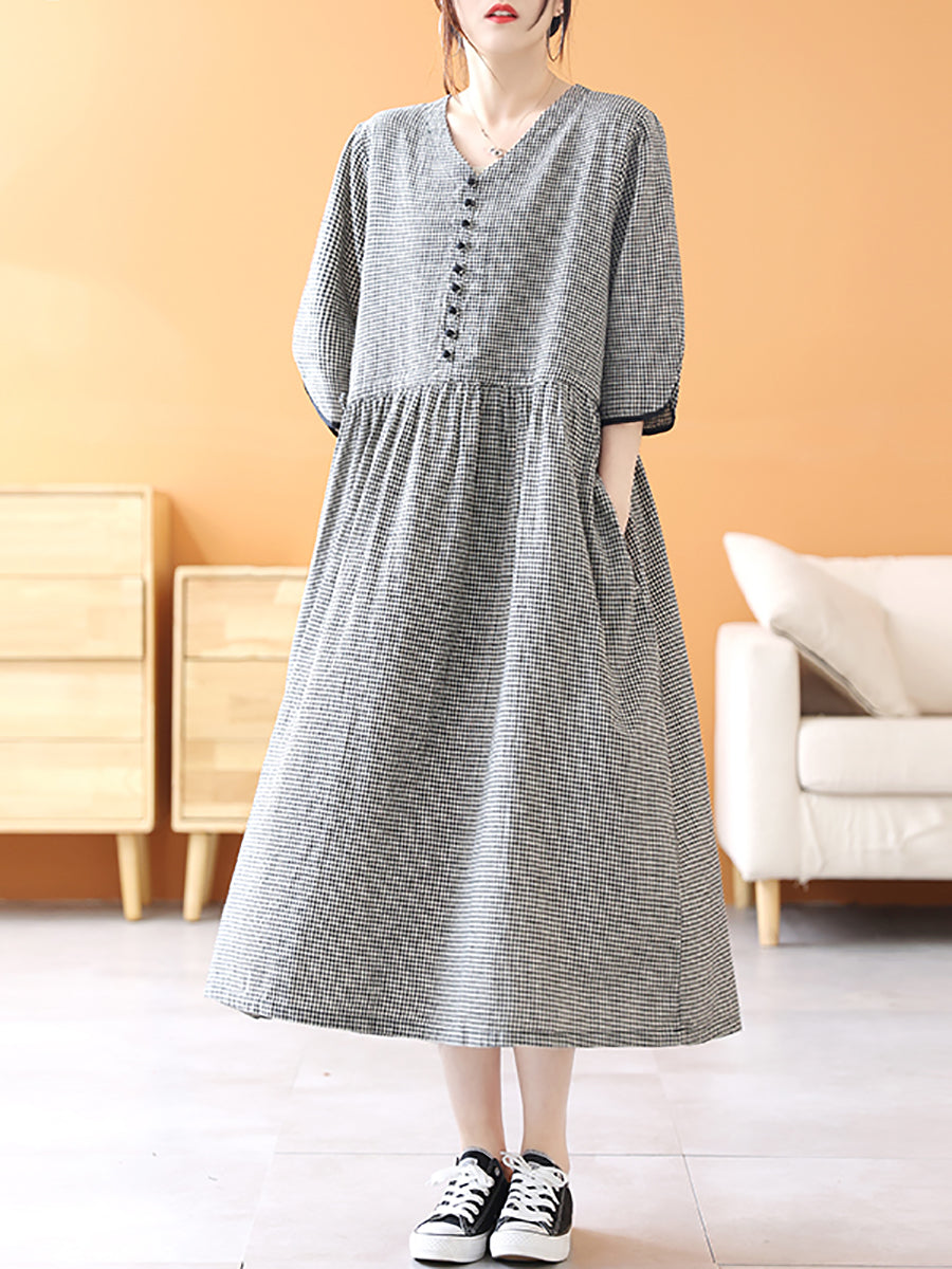 Women Summer Casual Plaid Button Pocket Pleat Loose Dress