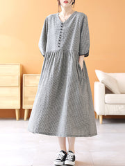 Women Summer Casual Plaid Button Pocket Pleat Loose Dress