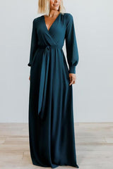 Button Puff Sleeve Belted Maxi Dress