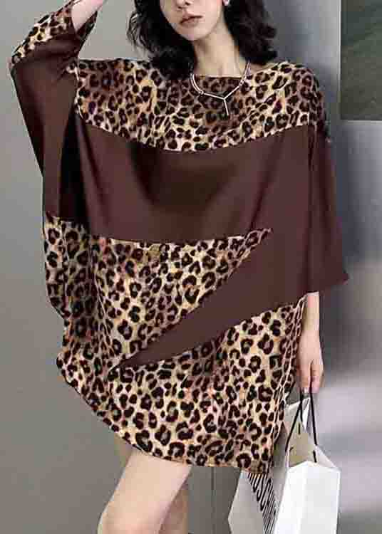 French Leopard O Neck Print Patchwork Cotton Mid Dress Batwing Sleeve