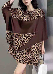 French Leopard O Neck Print Patchwork Cotton Mid Dress Batwing Sleeve