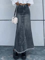 Back Slit Patchwork Long Denim Skirt