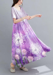 Natural Light Purple Flowers Pockets Short Sleeve Robe Cotton Linen Dresses