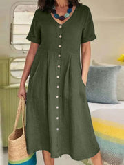 Solid V Neck Loose High Waist Cotton Dress