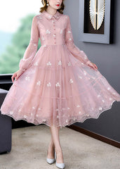 Cute Pink Peter Pan Collar Embroideried Floral Patchwork Button Tulle Maxi Dress Long Sleeve