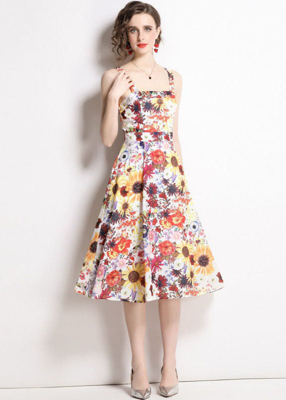 Art Floral Print Patchwork Chiffon Spaghetti Strap Dress Summer