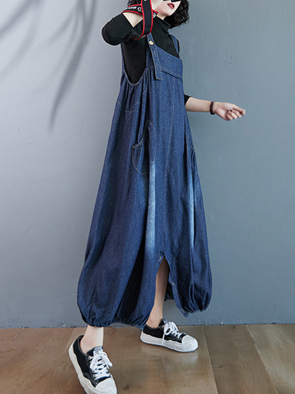 Simple Denim Buttoned Overalls&Dress