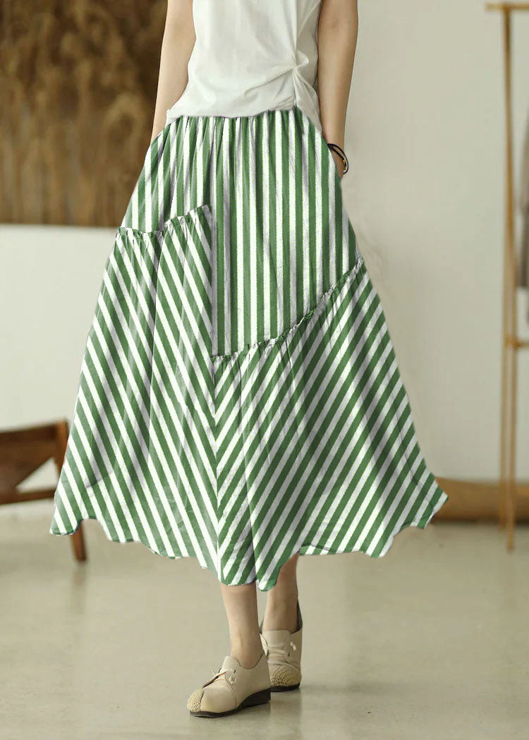 Plus Size green stripes elastic waist Asymmetrical A line Skirts Spring