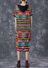 DIY Rainbow Hooded Striped Chiffon Robe Dresses Summer