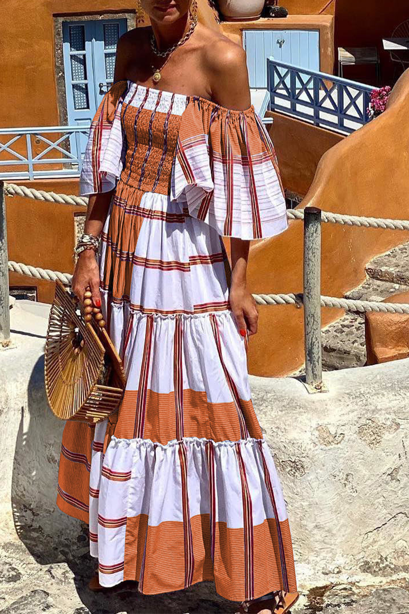 Fashion Print Patchwork Off the Shoulder Cake  Dresses(3 Colors)