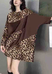 French Leopard O Neck Print Patchwork Cotton Mid Dress Batwing Sleeve
