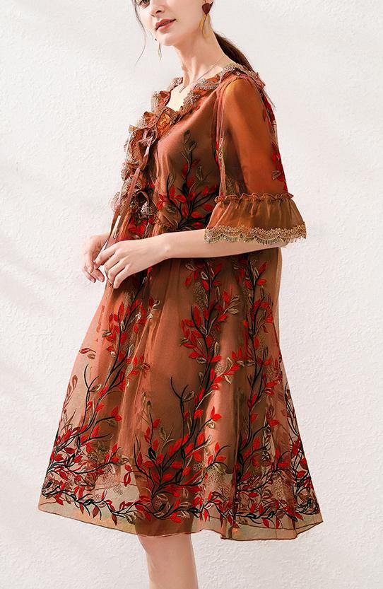 Organic Chocolate Embroidery Lace Butterfly Sleeve Summer Robe Dresses
