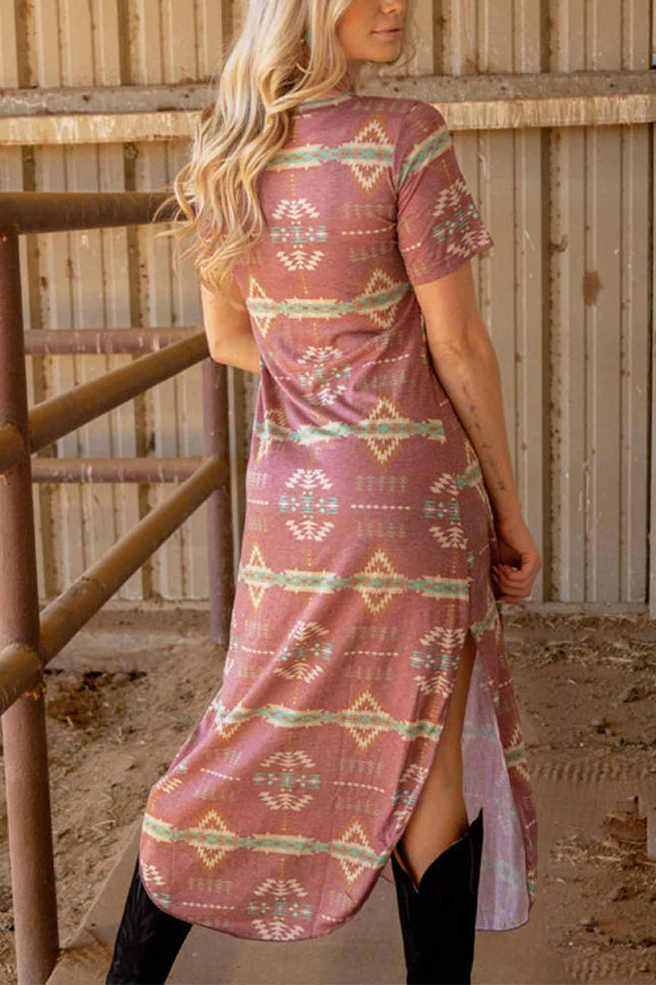 Western Printed Short Sleeve Slit Dress