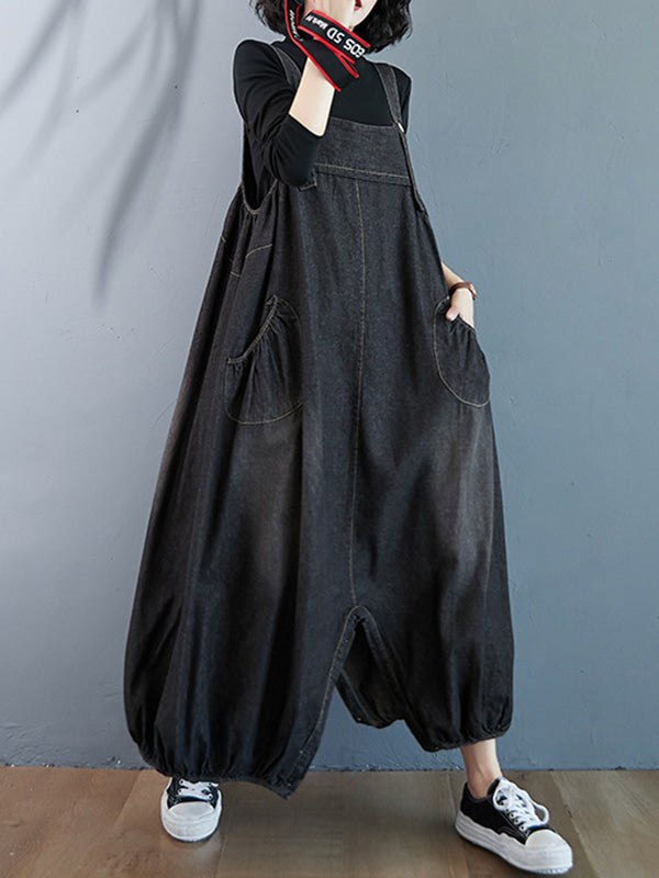 Simple Denim Buttoned Overalls&Dress