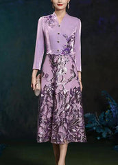 French Purple V Neck Embroideried Patchwork Silk Long Dresses Fall