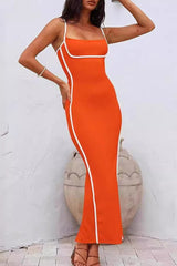 Sexy Casual Patchwork Backless Slit Contrast Spaghetti Strap Sling Dresses