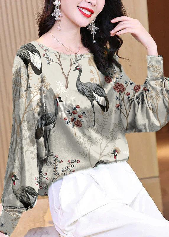 Plus Size White crane O-Neck Butterfly Print Silk Blouse Tops Long Sleeve