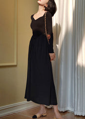 Beautiful Black Square Collar Patchwork Slim Fit Knit Dress Spring