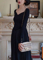 Beautiful Black Square Collar Patchwork Slim Fit Knit Dress Spring
