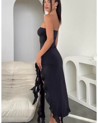 black backless midi dress