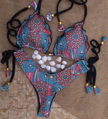 Retro ethnic print split suspender bikini