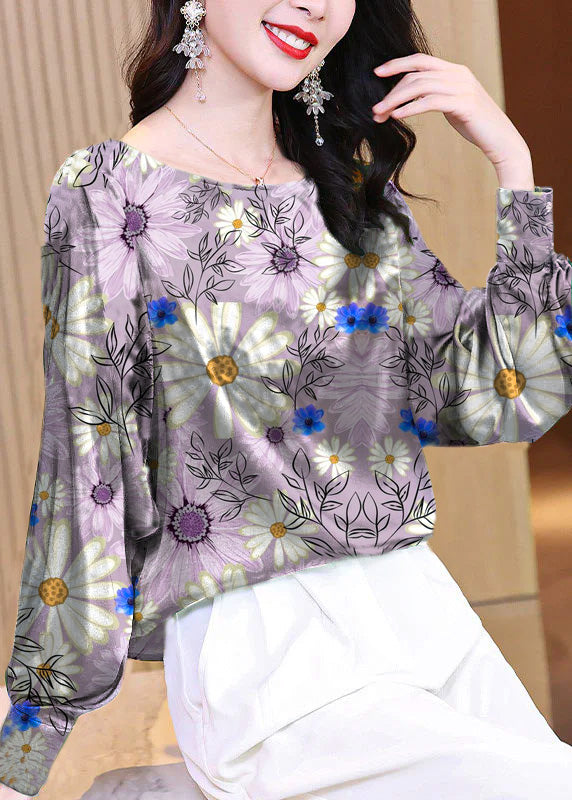 Plus Size purple flowers O-Neck Butterfly Print Silk Blouse Tops Long Sleeve