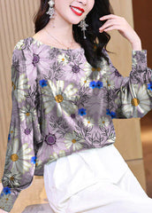 Plus Size purple flowers O-Neck Butterfly Print Silk Blouse Tops Long Sleeve