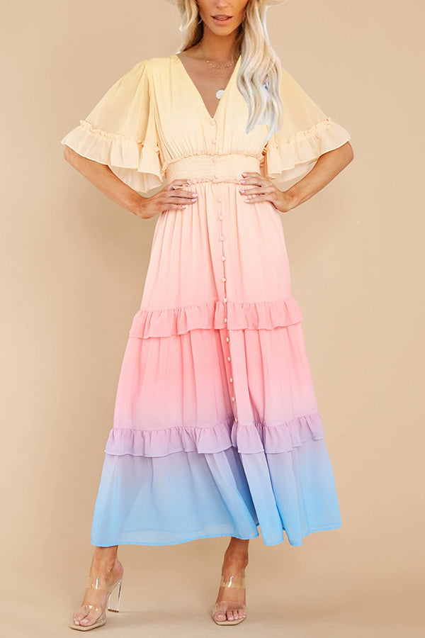 Ombre Sunset Ruffles Maxi Dress